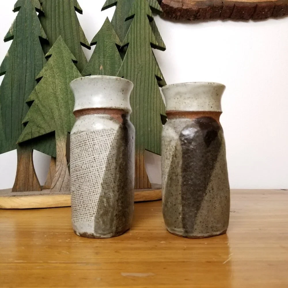 Set of 2 Vintage 1960s Hand-Thrown Stoneware Vases